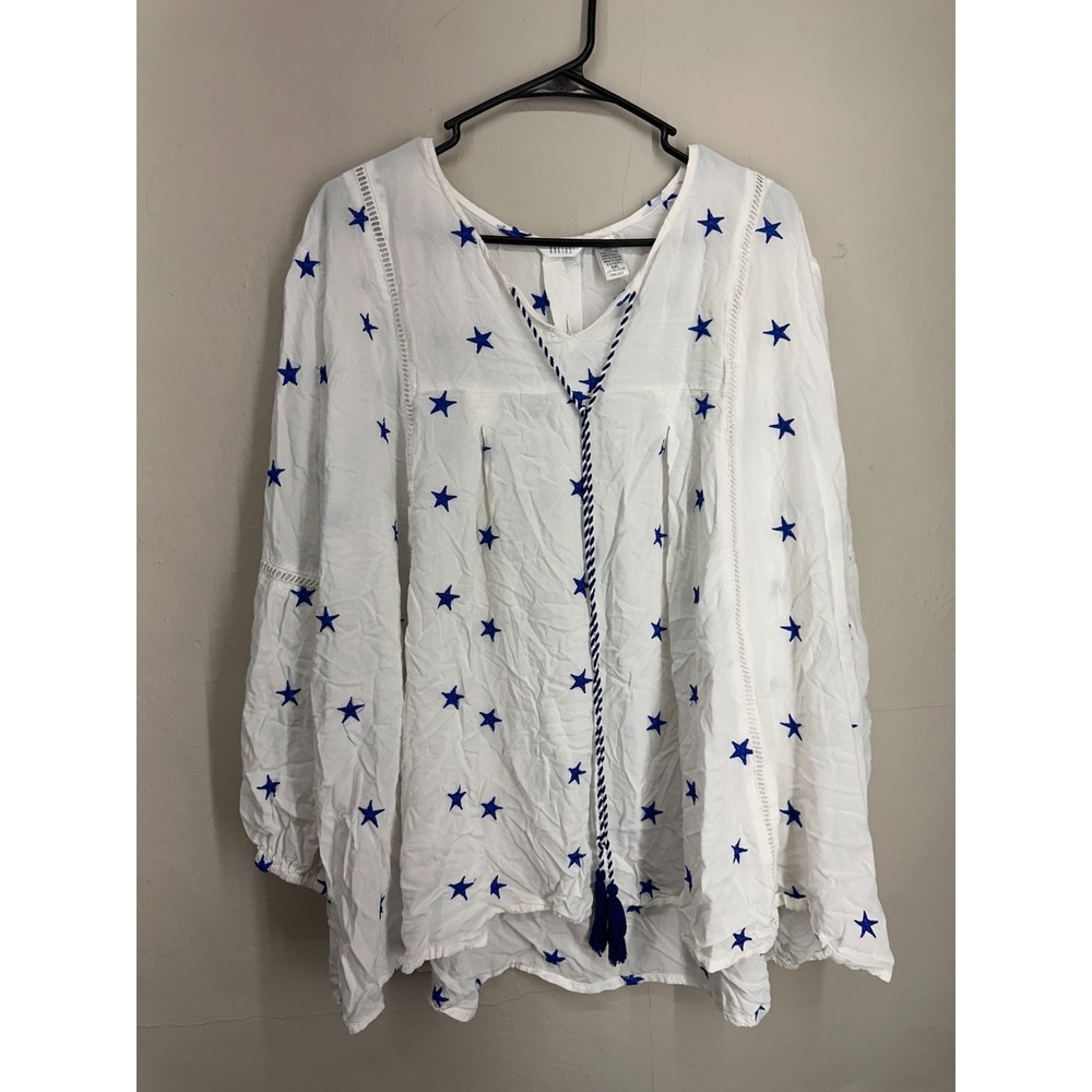 Americana Peasant Blouse Top Tunic XXL White Blue Star Embroidered Tassel Neck
